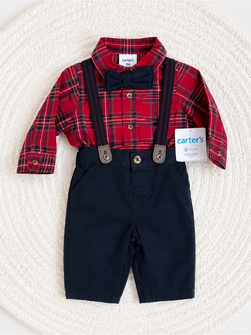 Carter’s Baby Boy 3M Plaid Holiday Shirt Pants Suspenders Bow Tie Outfit NWT